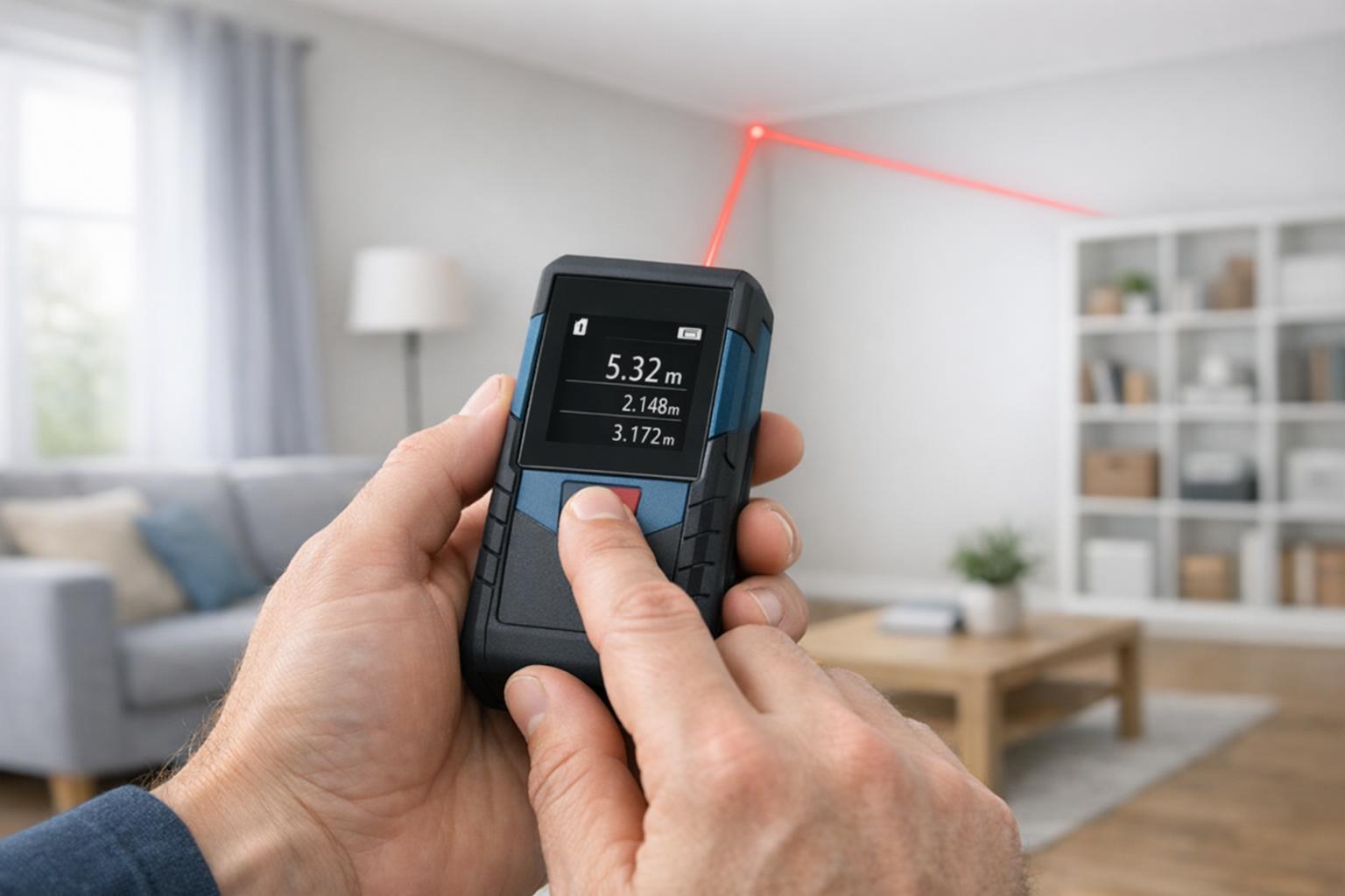 Zdjęcie rąk używających dalmierza laserowego Bosch do pomiaru wnętrza pokoju